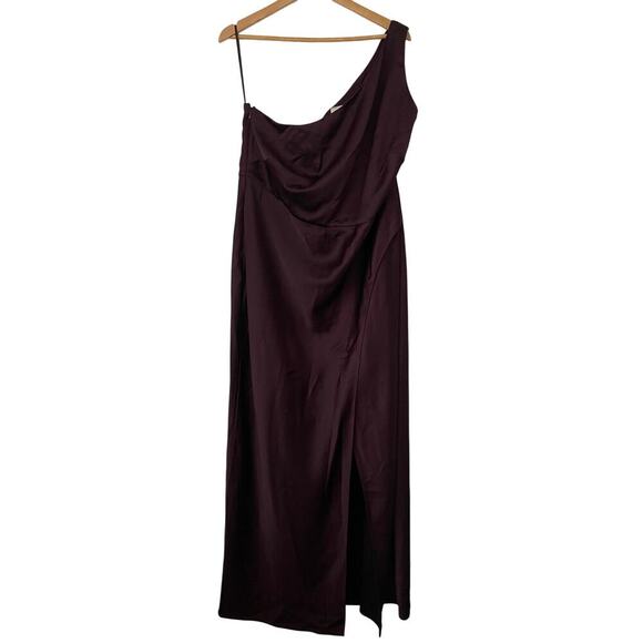 Anthropologie BHLDN Plum Dylan One Shoulder Side Slit Satin Maxi Dress Sz 20W - Picture 2 of 5
